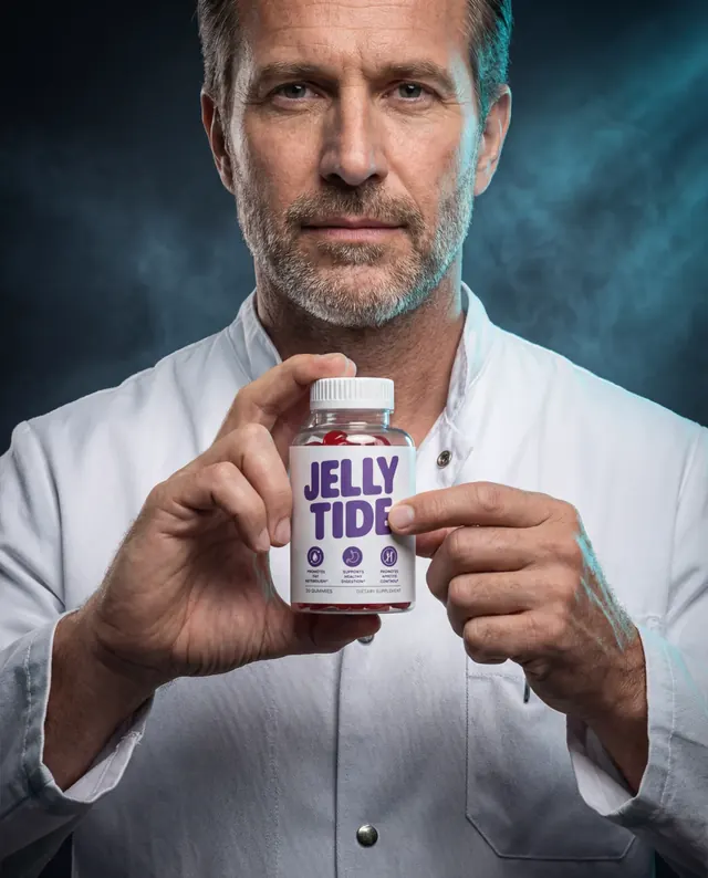 A man in a white coat holding a bottle of JellyTide gummies in the seller's promotional photography