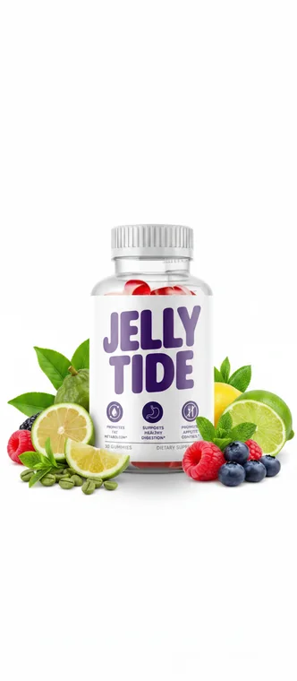 JellyTide apple cider vinegar weight-loss gummy bottle surrounded by fresh berries, lime and green apple