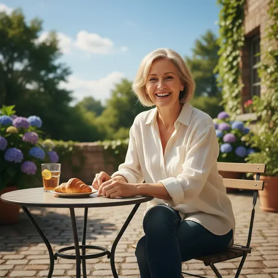 A woman at a cafe table, an everyday moment JellyTide's daily gummy routine fits into