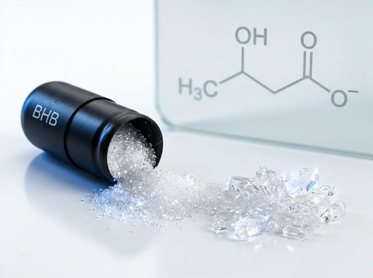 A BHB capsule spilling beta-hydroxybutyrate crystals beside the BHB chemical structure