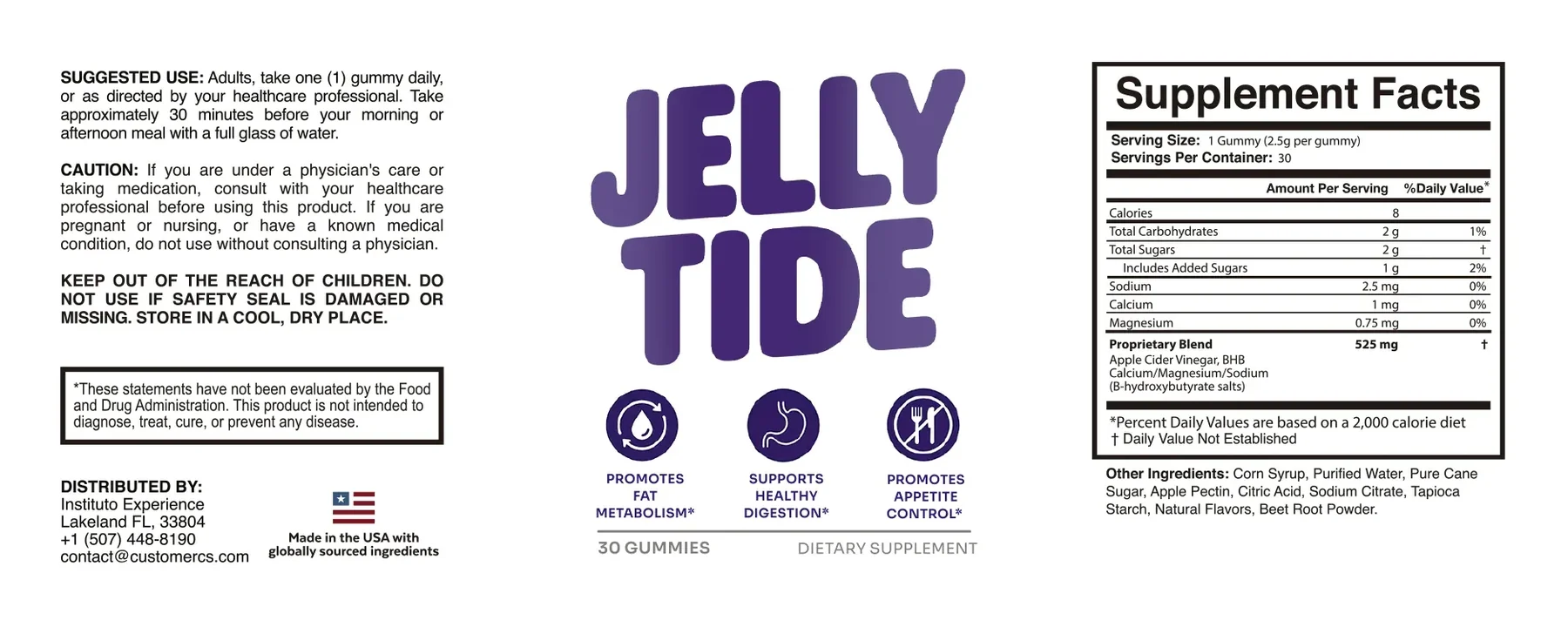 JellyTide Supplement Facts label showing the 525 mg apple cider vinegar and BHB proprietary blend and directions